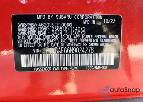 2022 Subaru Wrx Premium from USA, damaged, VIN JF1VBAF66N9024278
